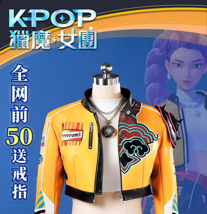Anime KPop Demon Hunters Rumi Cosplay Costume Wig Yellow Leather Jacket Huntrix Uniform Halloween Party Women Girls Props iCoser