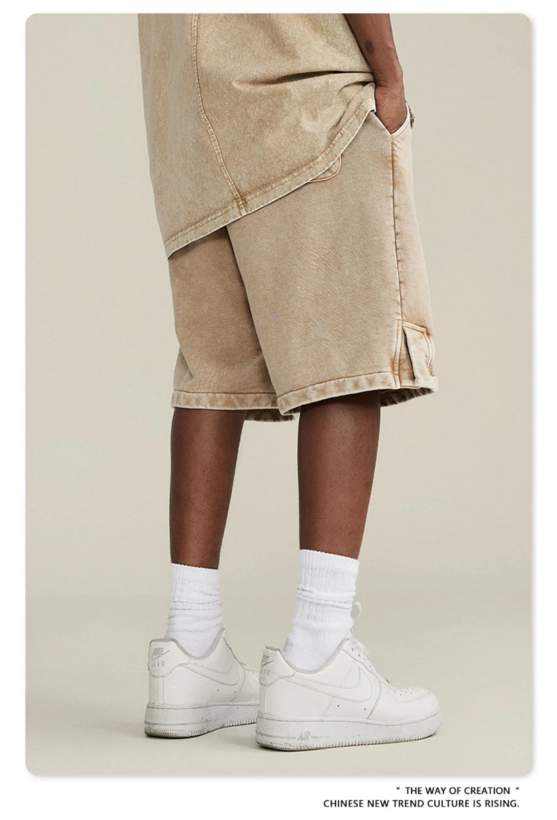 ZODF 2024 Summer Men 350gsm Washed Cotton Shorts Unisex Retro High Street Loose Side Slit Short Pants Streetwears HY0839