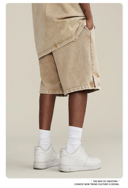 ZODF 2024 Summer Men 350gsm Washed Cotton Shorts Unisex Retro High Street Loose Side Slit Short Pants Streetwears HY0839
