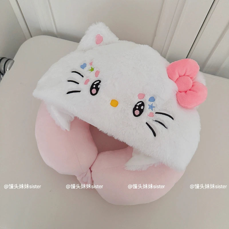 Kawaii Hello Kitty Neck Support Pillow with Hat Soft Plush Travel U-Shaped Pillow Nap Sleeping Cartoon Comfortable Journeys Girl