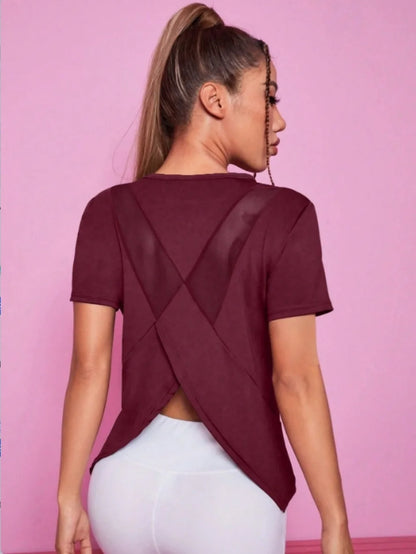 Women’s Summer Yoga T-Shirt Short Sleeve Breathable Quick Dry Mesh Back Fitness Top Loose Fit - Red / L