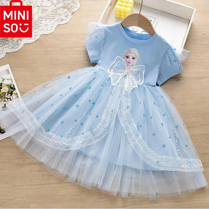 MINISO Girls Dress Blue Toddler Girl Mesh Lace Dress Summer Infant Fuffy Tulle Tutu Frozen Princess Dress 2 to 3 4 5 6 7 8Years