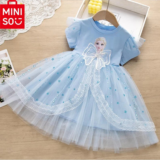 MINISO Girls Dress Blue Toddler Girl Mesh Lace Dress Summer Infant Fuffy Tulle Tutu Frozen Princess Dress 2 to 3 4 5 6 7 8Years