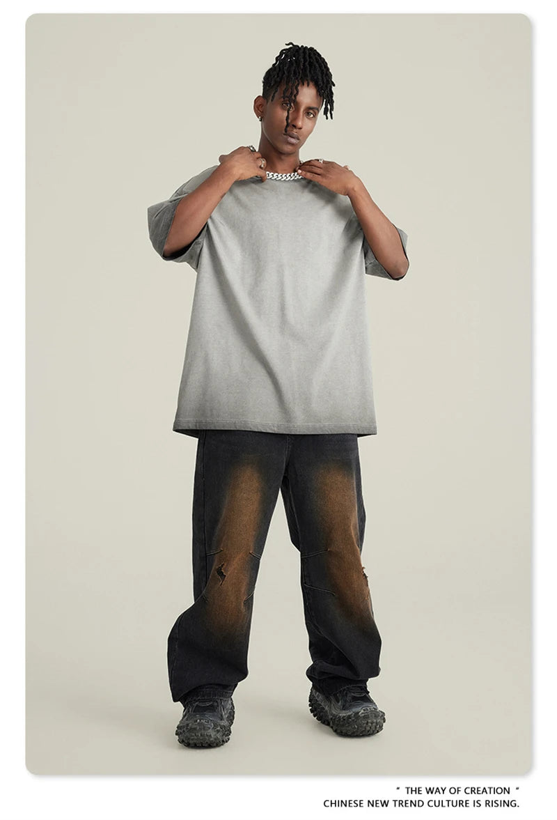 ZODF 2023 Men's Summer 255G Wash Gradient Fried Cotton T Shirt Round Neck Short Sleeve American Retro Loose T-Shirt HY0547