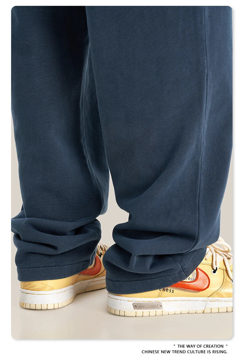 ZODF Retro Men Autumn Washed 380gsm Cotton Unisex High Street Oversized Solid Sport Straight Pants HY0885