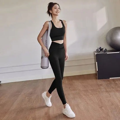 Two Piece Women’s Yoga Sportswear Set – Gym Leggings with Bra and Shorts for Fitness Workout - black / L