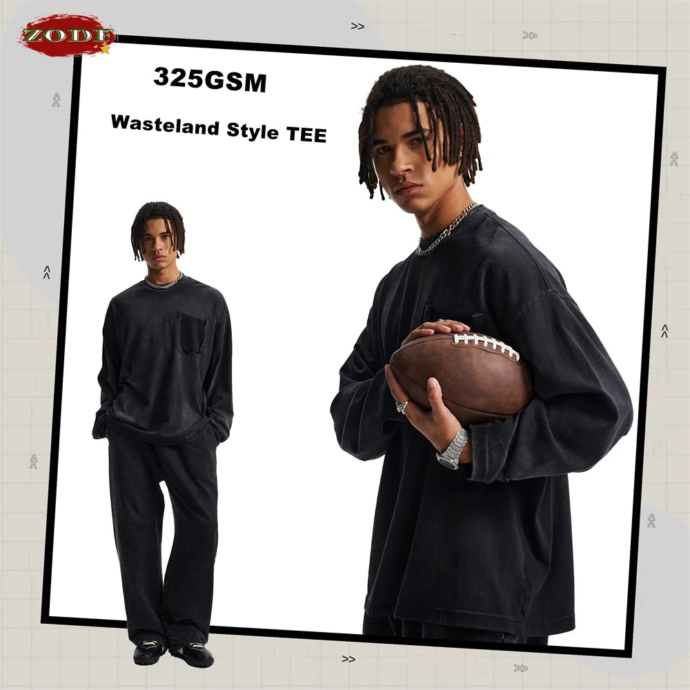 ZODF Retro Man's 325gsm Cotton Full Sleeve T-Shirts Unisex Distressed Wastland Style Monkey Washed T Shirt Tees HY1160