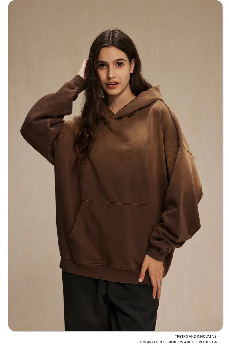 ZODF Retro Men's Heavyweight Gradient Washed Hoodies Unisex Loose Distressed Holes 450gsm Knitted Hooded Pullovers HY0891