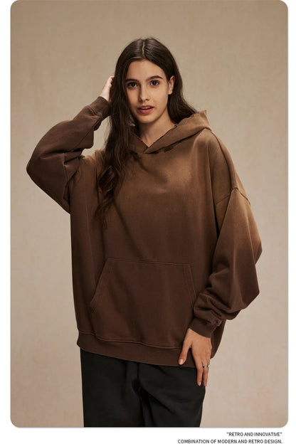 ZODF Retro Men's Heavyweight Gradient Washed Hoodies Unisex Loose Distressed Holes 450gsm Knitted Hooded Pullovers HY0891