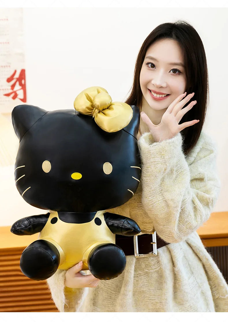 Cute Hello Kitty Plush Toy Black Gold Leather Cute Stuffed Animal Doll Kids Birthday Xmas Gift for Girls Plushie Pillow Present