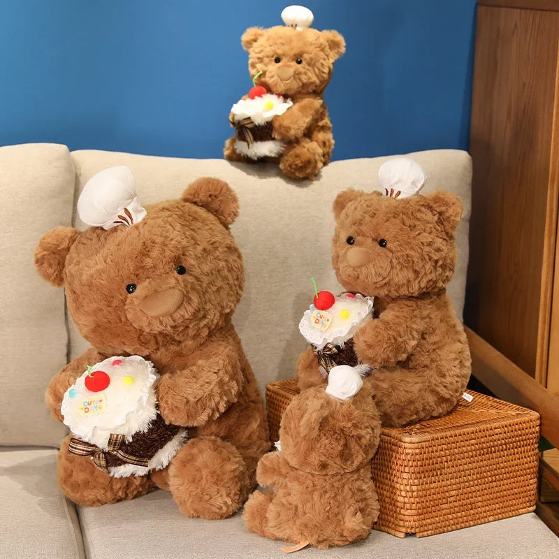 Chef Bear Plush Toy Cute Birthday Cake Bear Soft Stuffed Baby Doll Kids Sleep Pillow Sofa Adorable Cushion Birthday Xmas Gift
