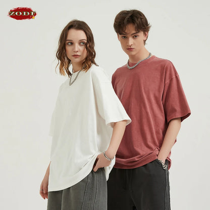 ZODF Men 2024 Retro Summer Washed Solid Cotton T-Shirts Unisex Retro Loose High Street 250gsm Basic Tees Streerwears HY0075