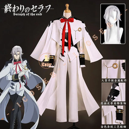 Anime Seraph of The End Ferid Bathory Cosplay Costume Wig White Uniform Cloak Metal Props Halloween Party for Women Men Carnival