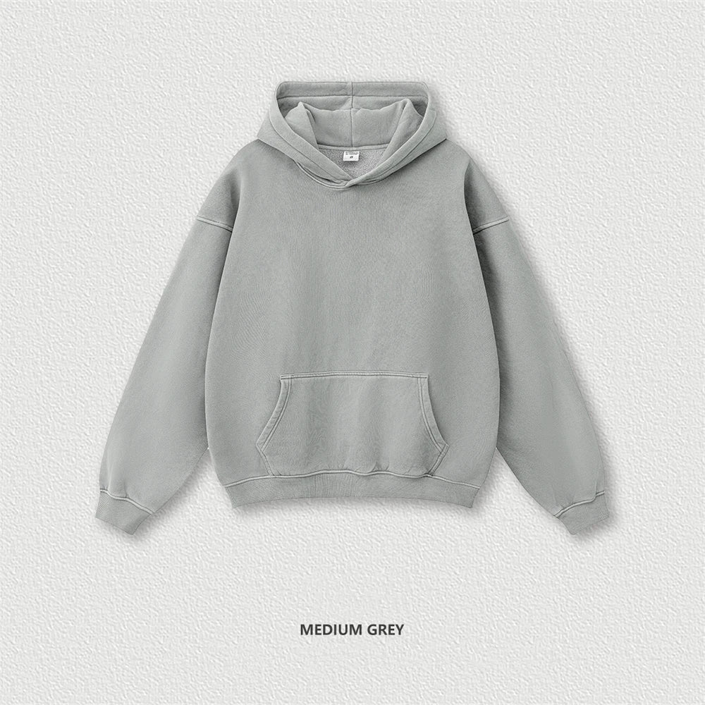 ZODF 2024 Winter Unisex Washed Fleece Hoodies 360gsm Warm Loose Retro Hooded Sweatshirts HY0870 - Mid Grey / S / China
