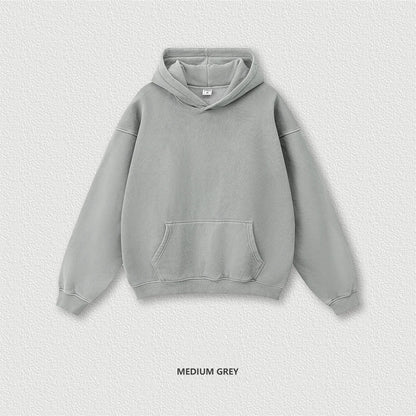 ZODF 2024 Winter Unisex Washed Fleece Hoodies 360gsm Warm Loose Retro Hooded Sweatshirts HY0870 - Mid Grey / S / China
