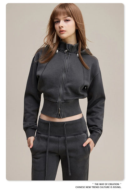 ZODF Vintage 2025 Winter Batik Washed Crop Hoodies Female Girls Remove Hood Heavy Weight Sport 400gsm Hooded Coat HY1085