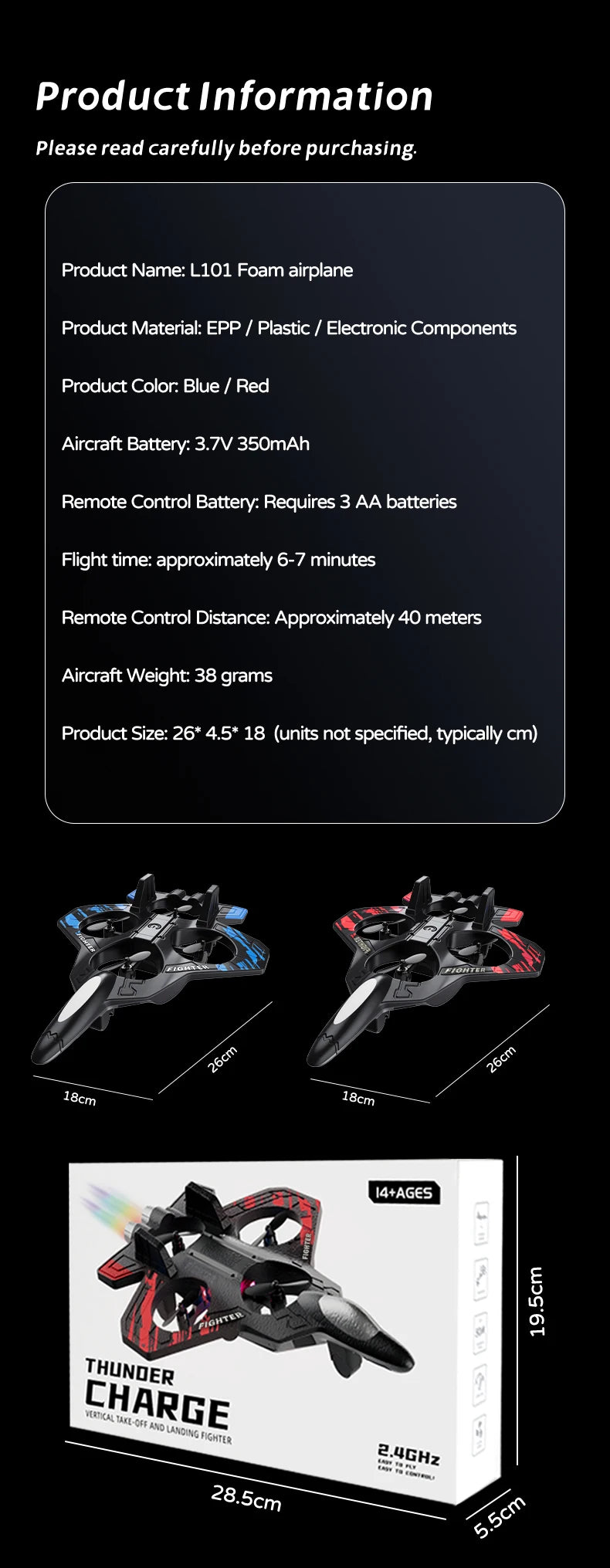 L101 RC Foam Airplane Glider Flying 2.4G With LED Lights EPP Stunt Remote Control Foam Fighter Plane Toys For Kid Gift