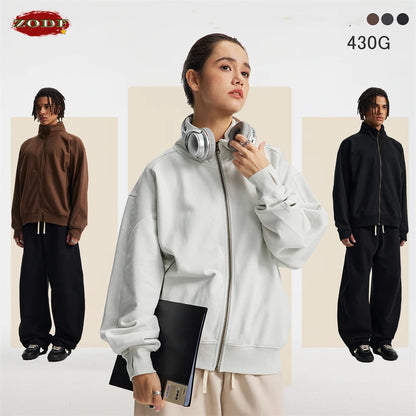 ZODF 430gsm Heavyweight Solid Zipper Hoodie for Men Unisex Loose Stand Collar Coat HY1101 Autumn 2025 Fashion
