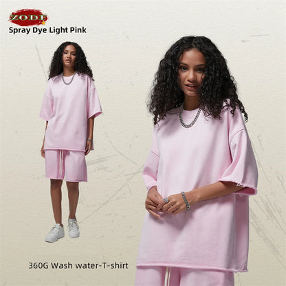 ZODF Spring Summer Men Washed Spray Dyeing T Shirts Unisex Heavy Weight Plush Distressed 360gsm T-Shirt Brand Tops HY0780