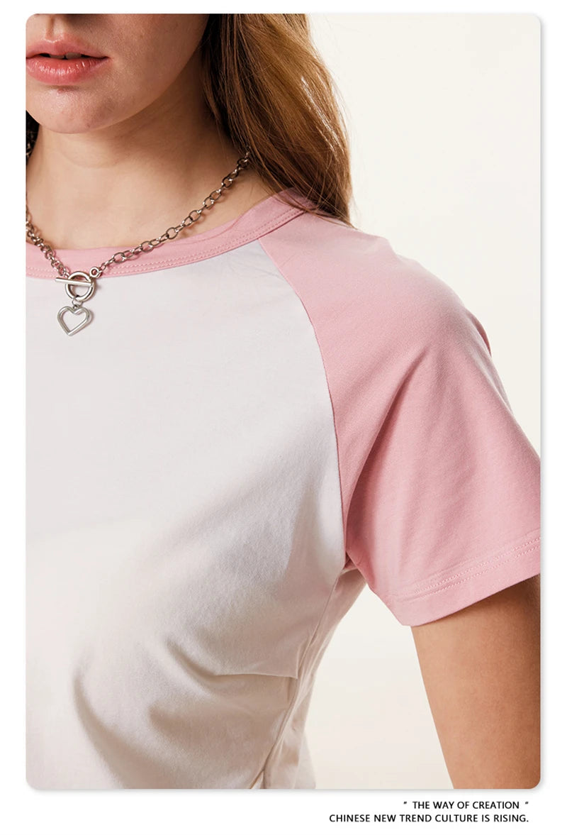 ZODF Hotsweet Summer Women Raglan Sleeve T-Shirts Girls Slim Fit 150gsm Casual Patchwork O Neck T Shirt Brand Tees HY1021