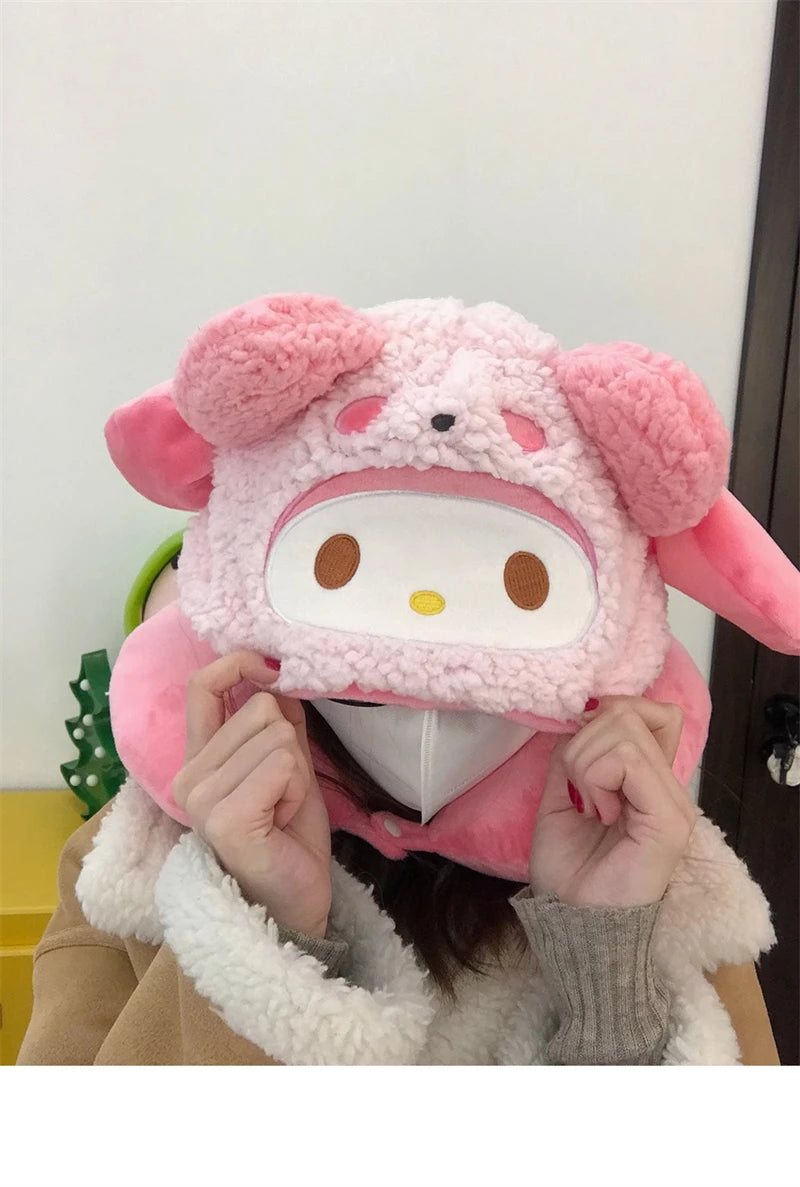 Stuffe Anime Hooded U-shaped Neck Pillow Hello Kitty Kuromi My Melody Travel Blackout Neck Pillow Office Nap Pillow Girl