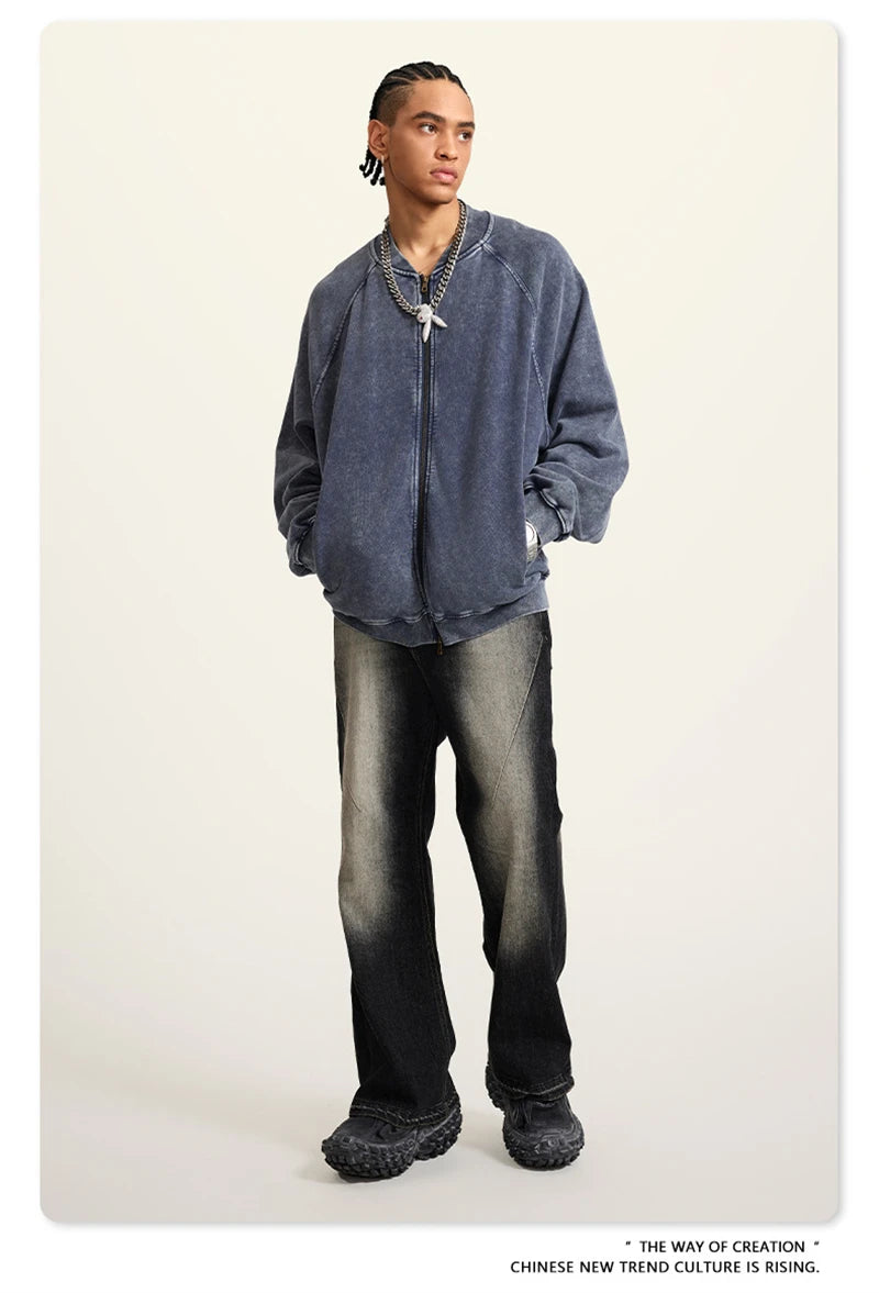 ZODF New Winter Washed Double Zipper Jackets For Men Unisex Loose Heavy Weight 450gsm Raglan Sleeve Cotton Coats HY0654