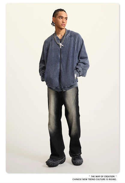 ZODF New Winter Washed Double Zipper Jackets For Men Unisex Loose Heavy Weight 450gsm Raglan Sleeve Cotton Coats HY0654