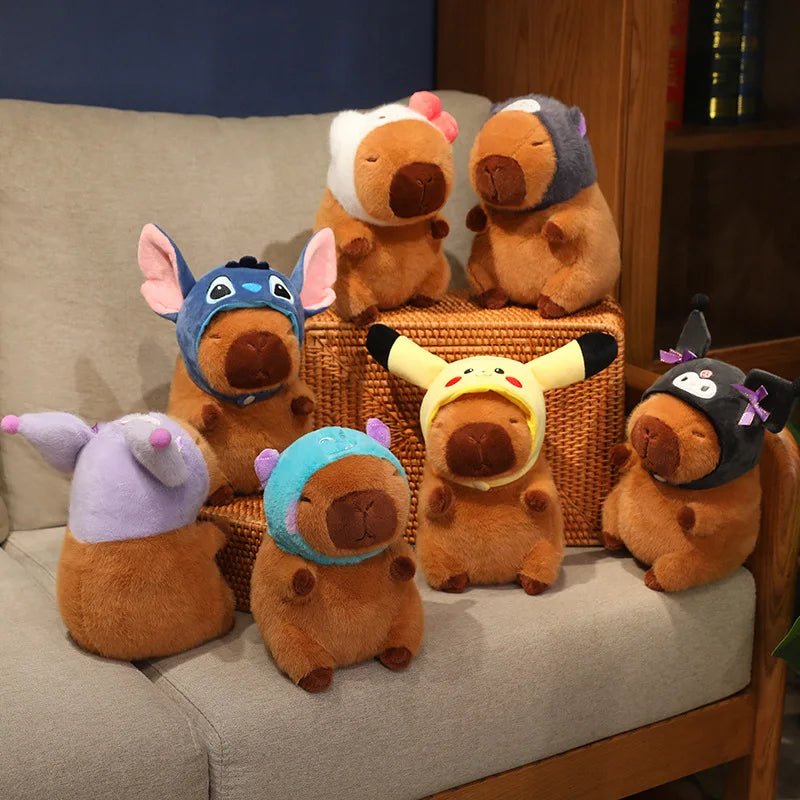 Capybara Soft Doll Cute Stuffed Capibara Anime With Pikachu Stitch Kuromi Hat Toy Kawaii Plushie Xmas Gift for Girl Friend