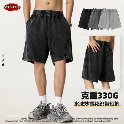 ZODF New Men Fire Snowflake Washed 330gsm Shorts Unisex High Street Summer Distressed Sport Cotton Shorts HY1028