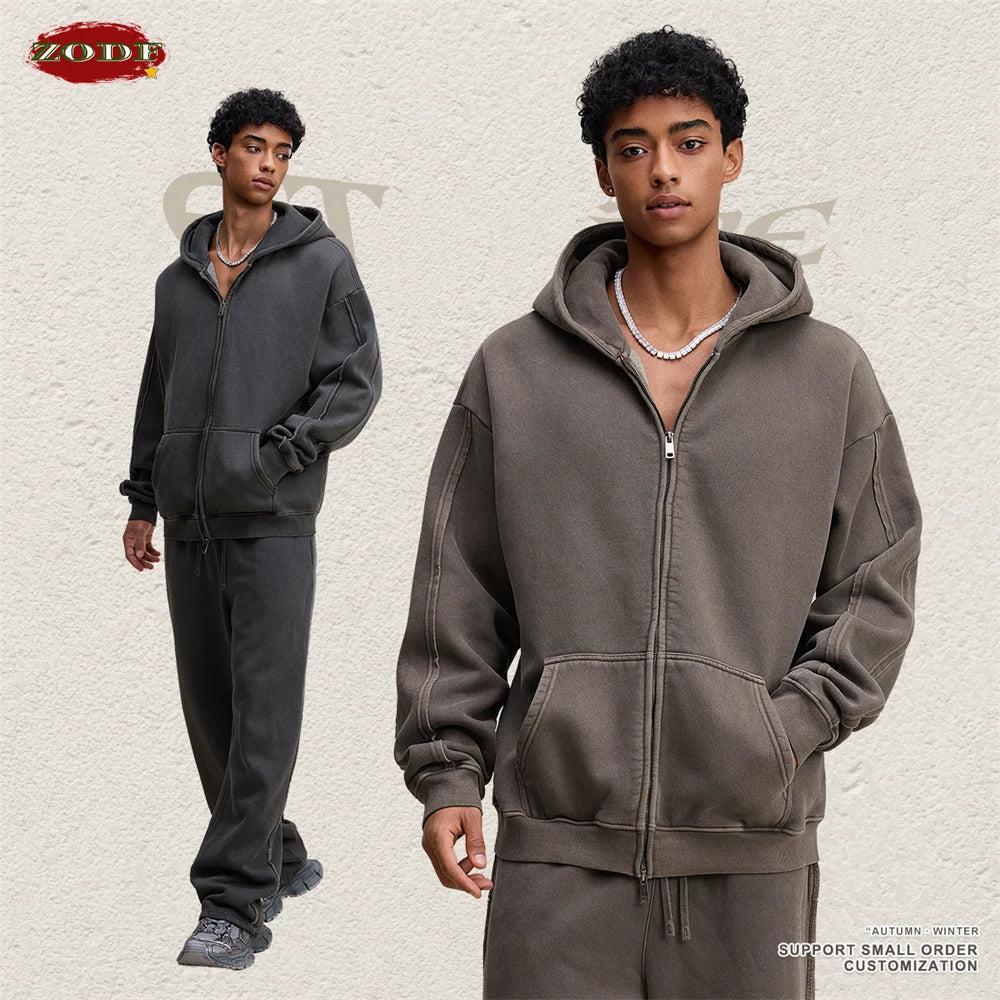 ZODF Retro 2025 Autumn Winter Unisex Zipper Fleece Hoodie 400gsm Washed Batik Warm Hooded Coat HY1084