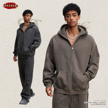 ZODF Retro 2025 Autumn Winter Unisex Zipper Fleece Hoodie 400gsm Washed Batik Warm Hooded Coat HY1084