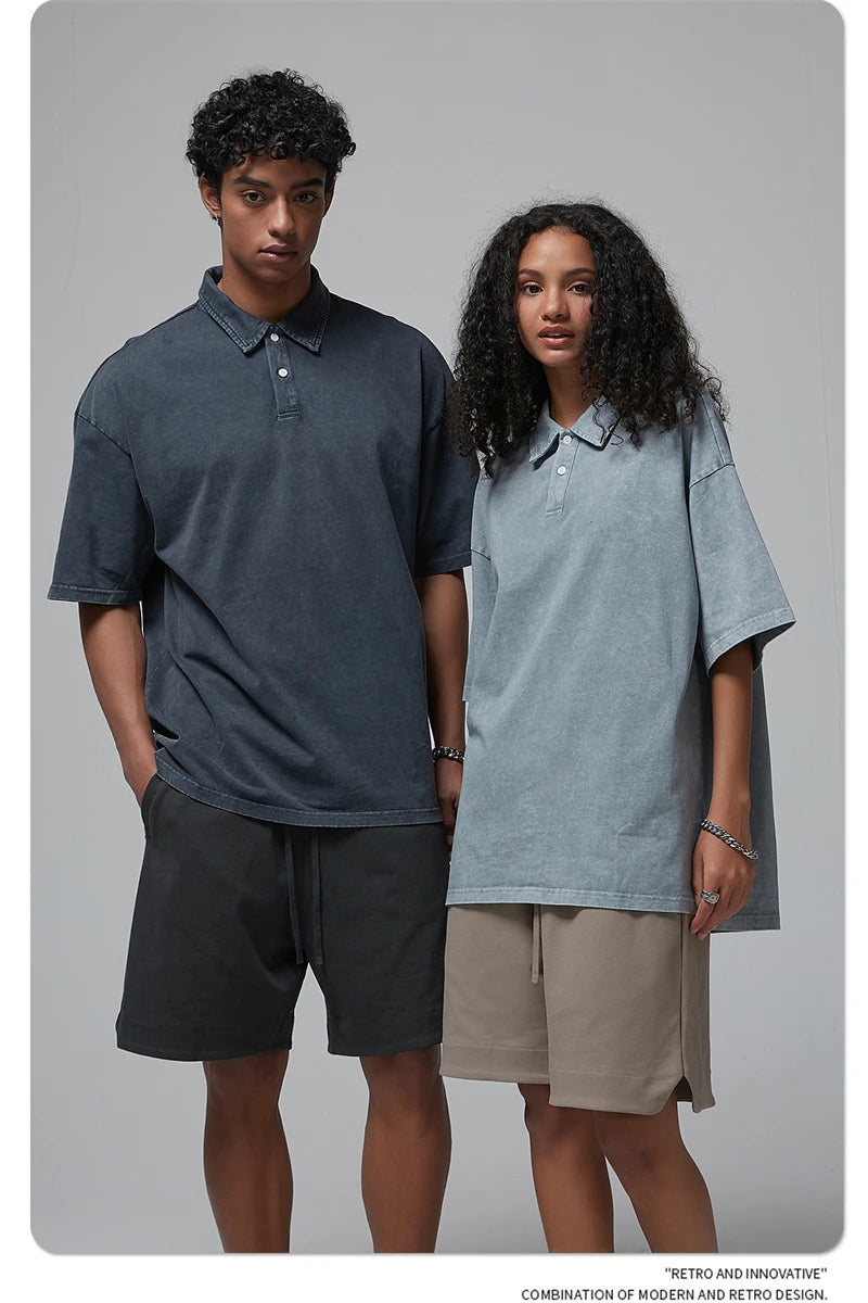 ZODF Summer Men Batik Washed 275gsm Cotton T Shirt Unisex Retro Turn Down Collar Short Sleeve T-shirts Tees HY0533