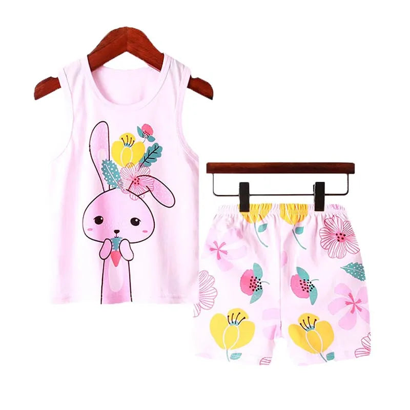 Summer Pj Set Kids Clothes Home Wear Pink Rabbit Girls Pajamas Sets 1 to 2 3 4 5 6 7 8 9 10 Years Flower Easter Pijamas Cotton