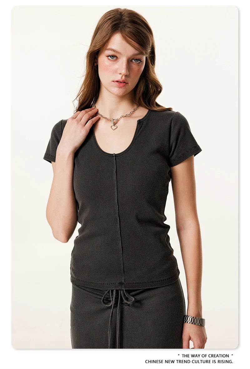 ZODF Women Retro 2025 Summer 275gsm U Collar Washed T-Shirts Hotsweet Girls Sexy Slim Fit T Shirt Brand Tees HY0992