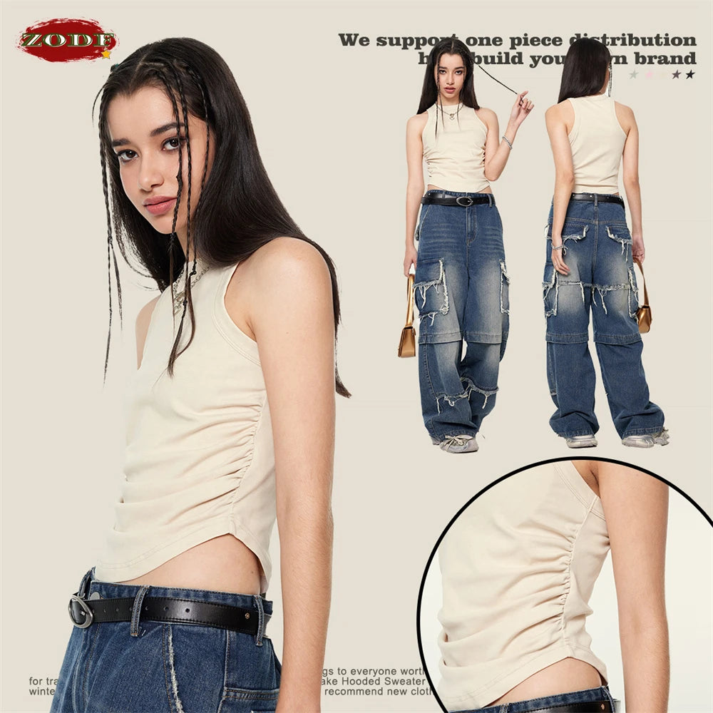 ZODF Women 2024 Summer Washed Tank Tops Female Hotsweet Girls 235gsm Slim Pleated Arc Hem Camisole TEE Streetwears HY0795