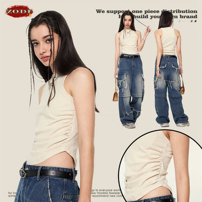 ZODF Women 2024 Summer Washed Tank Tops Female Hotsweet Girls 235gsm Slim Pleated Arc Hem Camisole TEE Streetwears HY0795