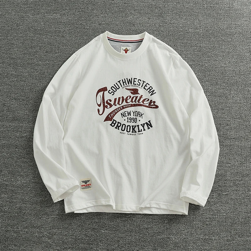 Autumn New American Retro Long-sleeved O-neck Letter Printed T-shirt Men's Fashion Simple 100% Cotton Washed Casual Sport Tops