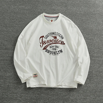 Autumn New American Retro Long-sleeved O-neck Letter Printed T-shirt Men's Fashion Simple 100% Cotton Washed Casual Sport Tops