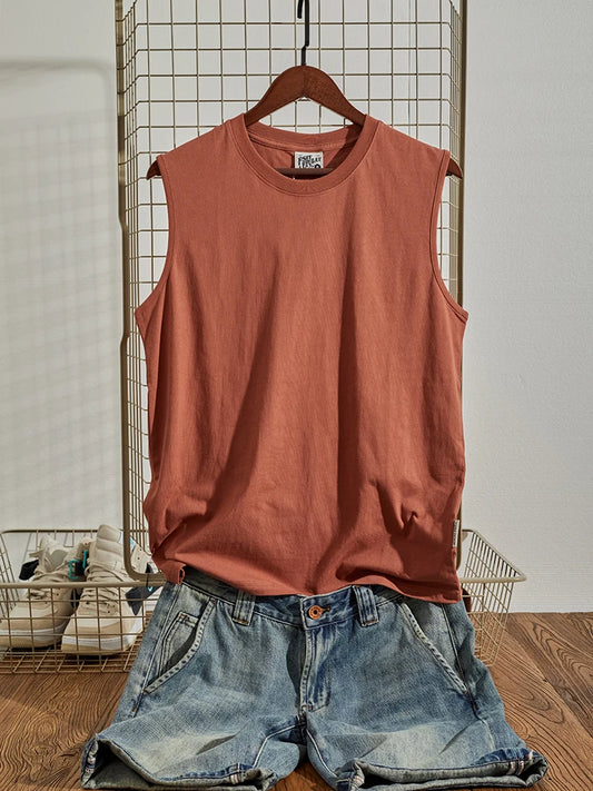 Summer New American Retro Sleeveless O-neck Soild Color T-shirt Men's Fashion 100% Cotton Washed Old Casual Sports Vest Tops