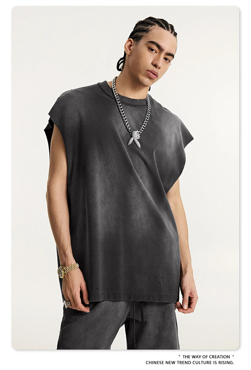 ZODF 2025 Summer 285gsm Washed Tank Tops For Men Unisex American Retro Cut Distressed Oversized Sleeveless TEE Vest HY1006