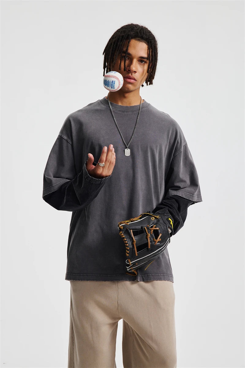 ZODF Retro Fake 2-Piece Cotton T-Shirts For Man Unisex Distressed Full Sleeve Washed O Neck T Shirt Brand Tees HY1156