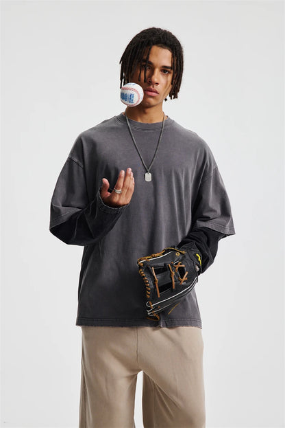 ZODF Retro Fake 2-Piece Cotton T-Shirts For Man Unisex Distressed Full Sleeve Washed O Neck T Shirt Brand Tees HY1156