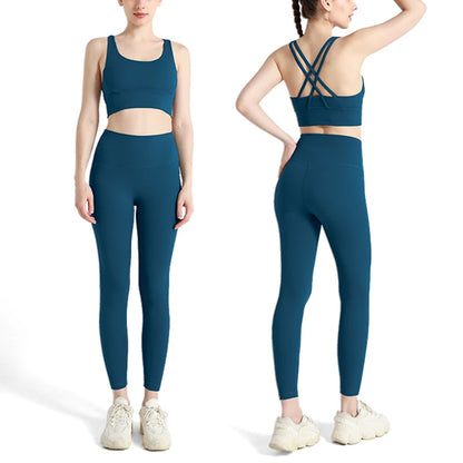 2024 Women’s 2 Piece Yoga Tracksuit Quick Dry Breathable Fitness Set Sports Bra and Leggings - Dark Blue / S