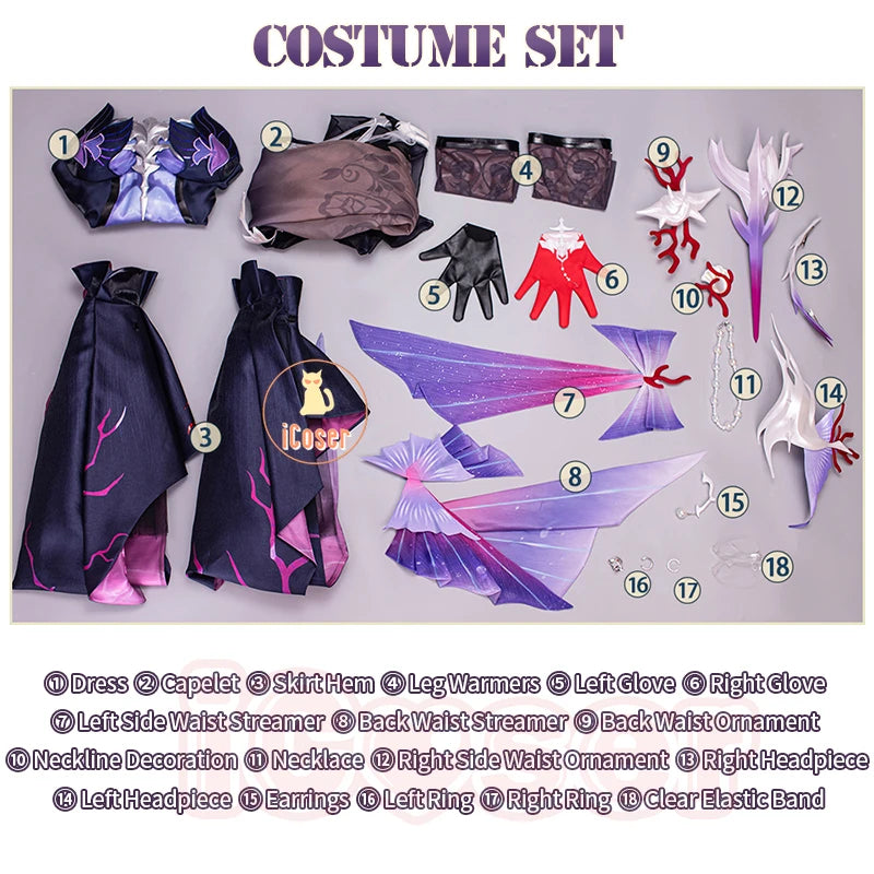 Honkai Star Rail Hysilens Cosplay Costume Wig Dress Earrings Headwear Rings Metal Accessories Halloween Party Women Girls iCoser