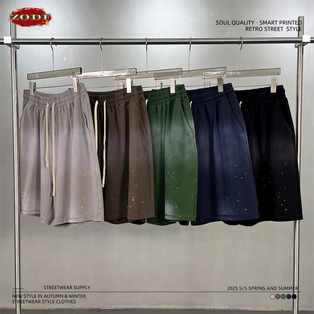 ZODF 2025 Summer 325gsm Monkey Washed Cotton Shorts For Men Unisex Retro High Street Loose Fit Paint Shorts Streetwears HY1064