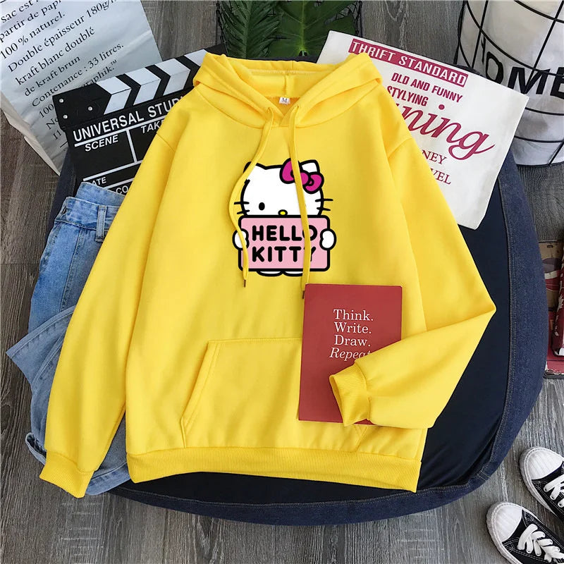 2025 New Casual Women's Sweatshirts Sanrio Hello Kitty Kawaii Tops for Women Cute Hoodies Fashion Harajuku Long Sleeves Plus Siz