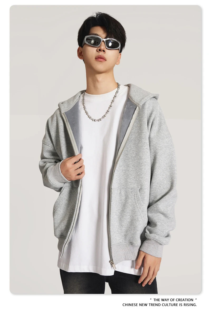 ZODF New Winter Men Zipper Fleece Hoodies Unisex Loose Heavy Weight Thick Warm Basic 420gsm Hooded Coats Hoodie HY0747