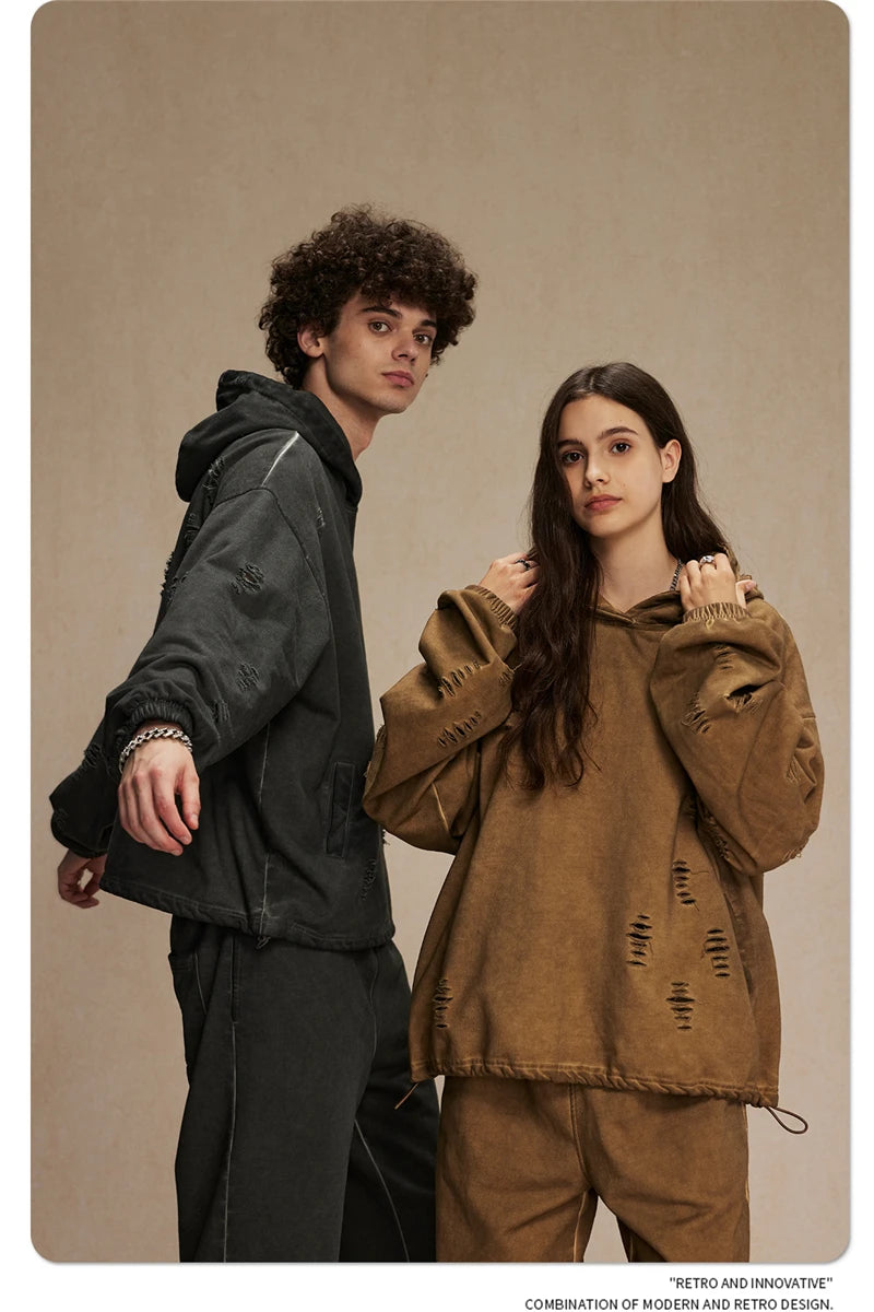 ZODF Vintage Winter Men Distressed 450gsm Hoodies Unisex High Street Ripped Holes Elastic Hem Hooded Pullovers Coat HY0932