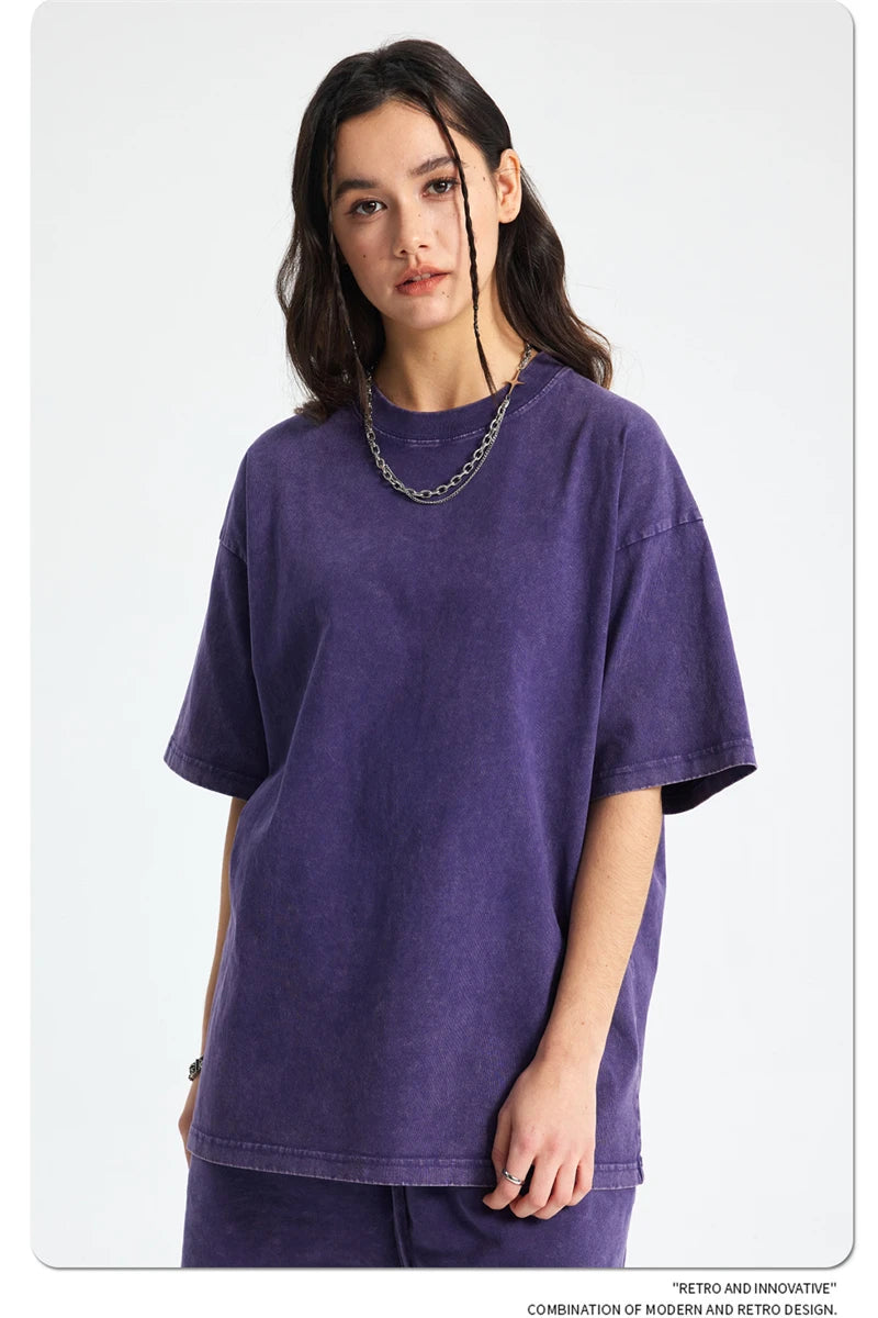 ZODF 2025 High Street Summer Washed Cotton Unisex Loose Retro Solid T-Shirt HY0113