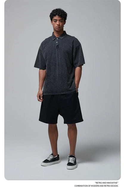 ZODF Summer Men Batik Washed 275gsm Cotton T Shirt Unisex Retro Turn Down Collar Short Sleeve T-shirts Tees HY0533